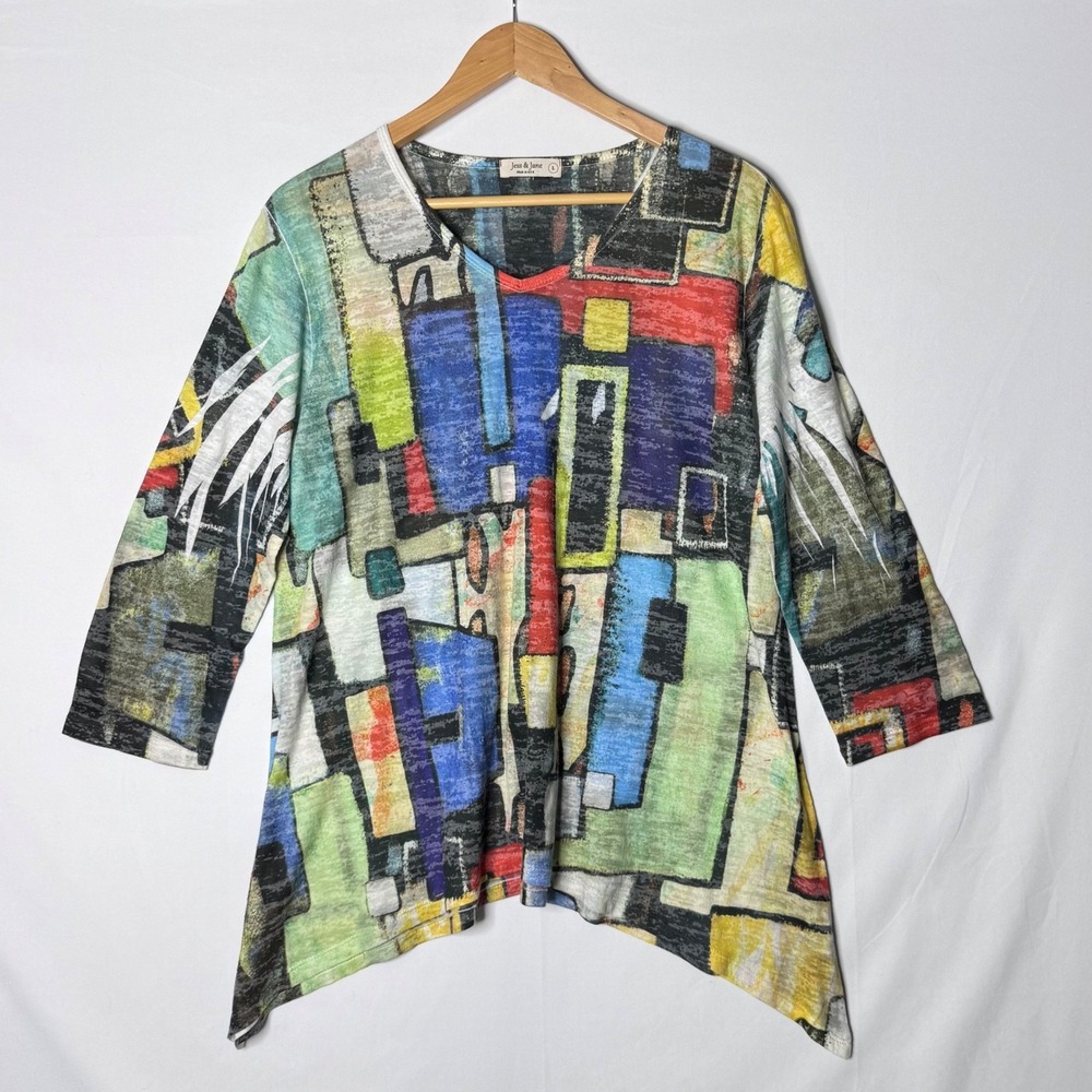Jess & Jane Top Womens L Abstract Geometric Burnout Asymmetrical Art Artsy 3/4